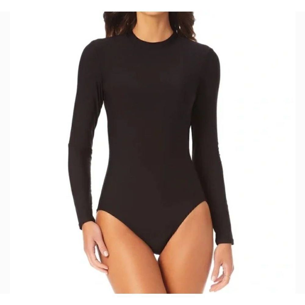 Anne Cole black one piece swimsuit size 12 open back long sleeve rashguard